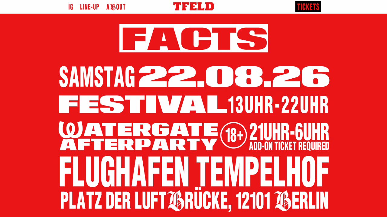 TFELD Festival Website posterähnliche „Facts“-Sektion, mutiges weiß-rotes Design