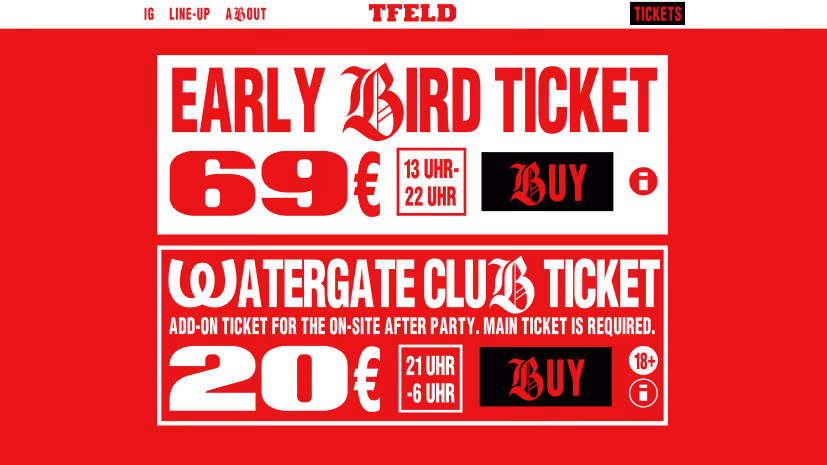 TFELD Festival Website Ticket Sektion, lautes weiß-rotes Design, zwei große Ticketblöcke