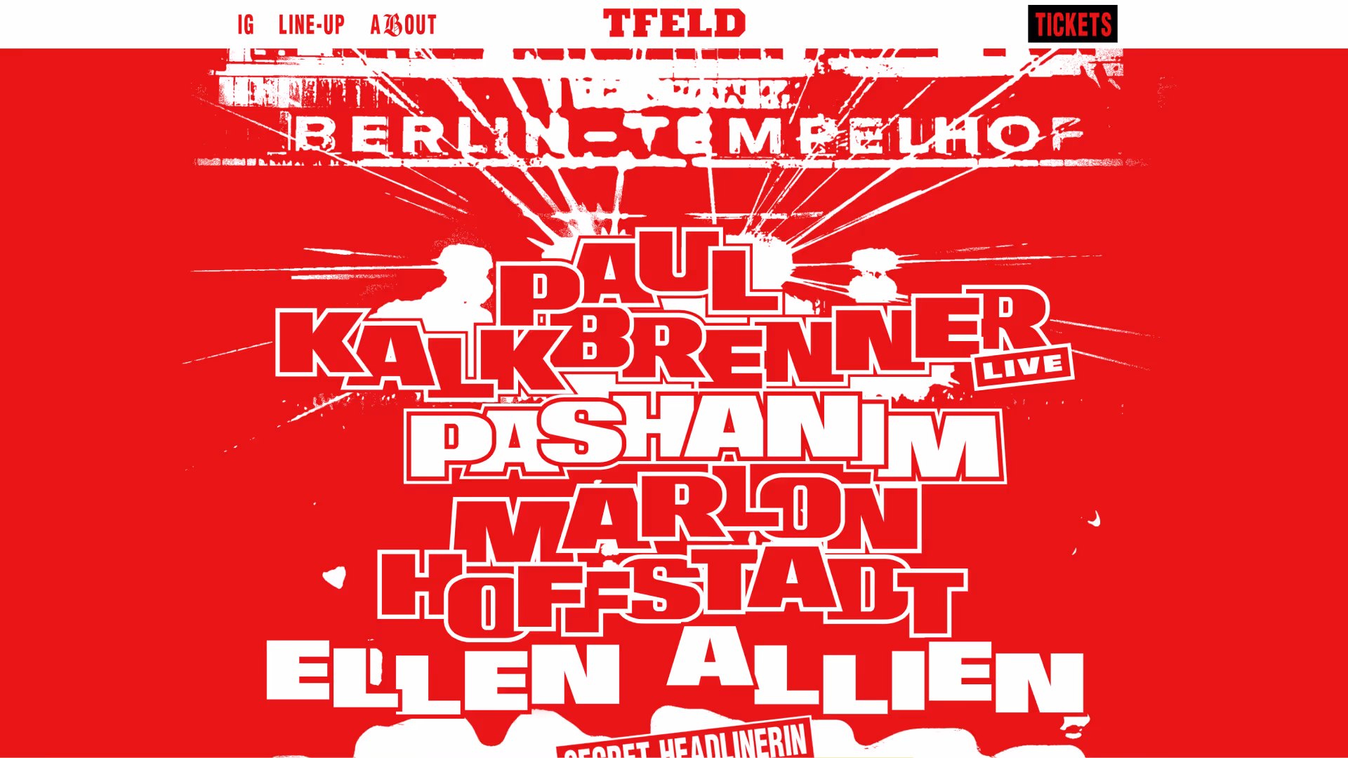 TFELD Festival Website Line-up Sektion, mutiges weiß-rotes Design